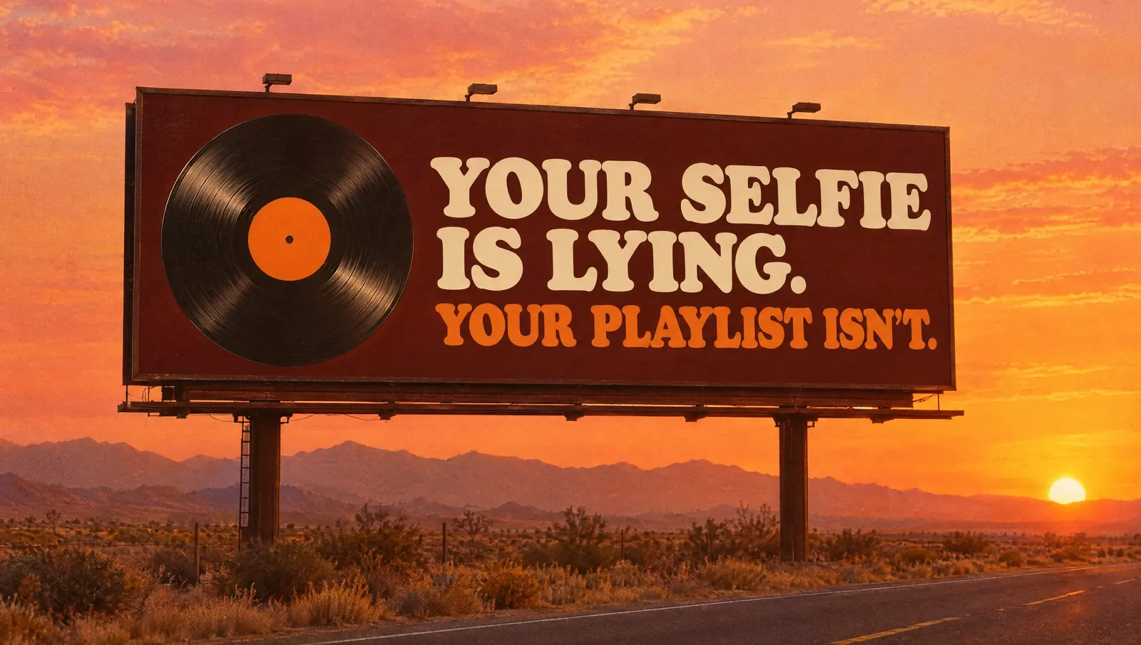 A billboard on a desert highway at sunset reading “Your selfie is lying. Your playlist isn’t.” beside a large record.