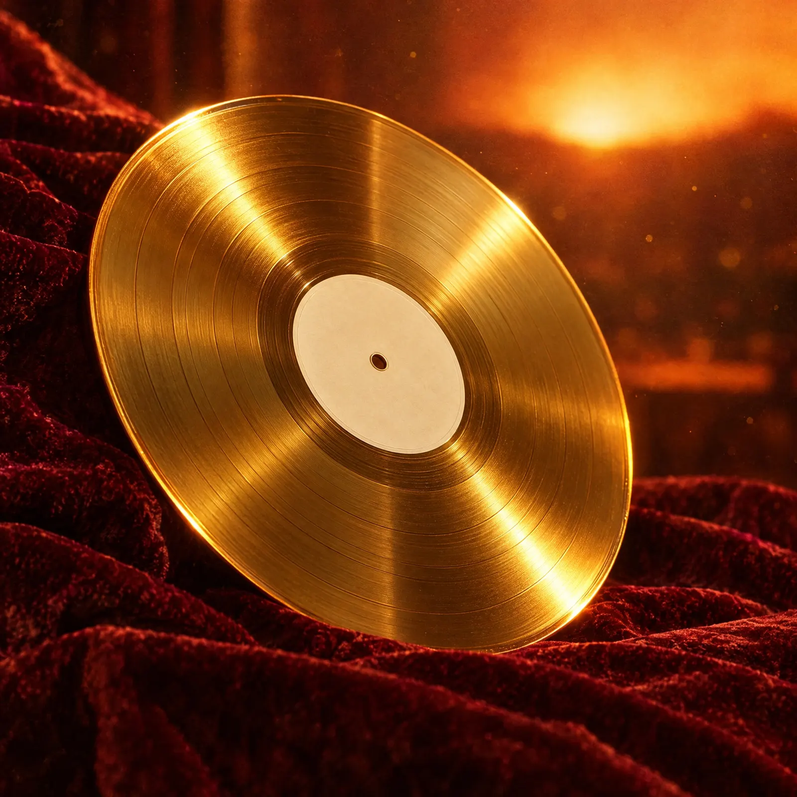 A gold vinyl record resting on crumpled oxblood velvet, lit by a warm marigold glow.