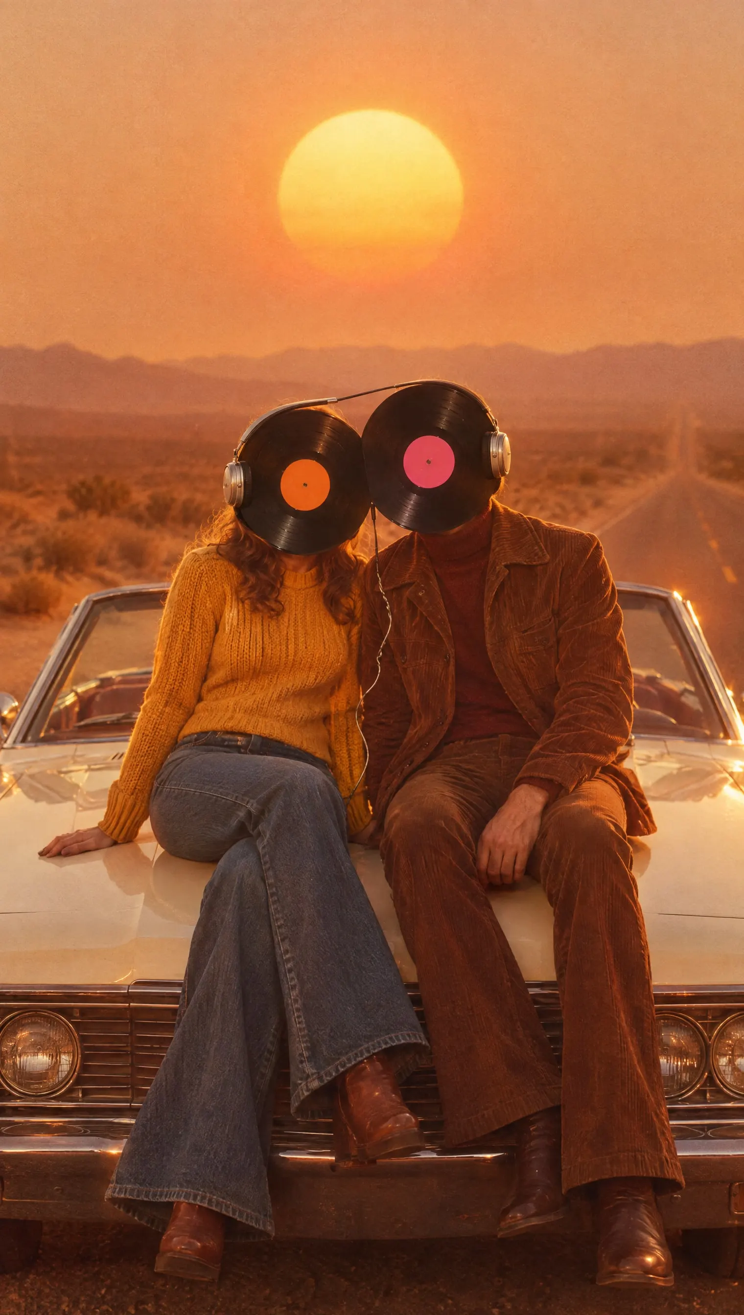 Two people with vinyl records for heads sit on the hood of a cream convertible on a desert highway at sunset, sharing one pair of wired headphones.