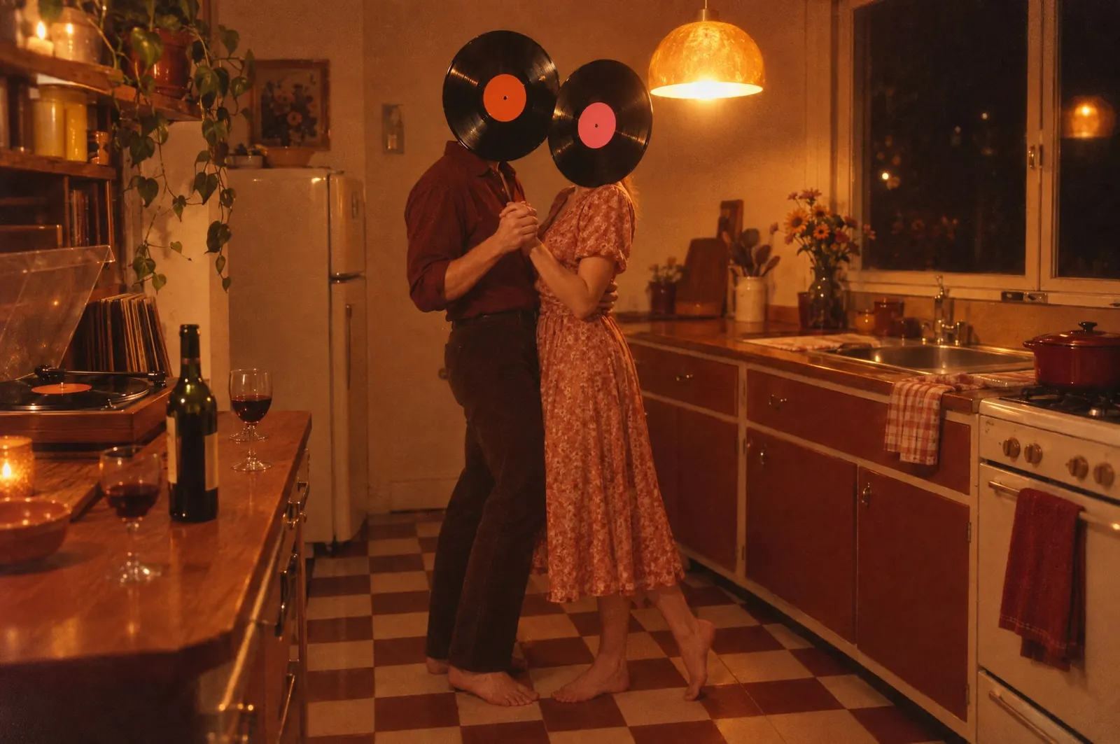 Two Record Heads slow-dance barefoot on a checkered kitchen floor at night, a turntable and two glasses of wine on the counter.