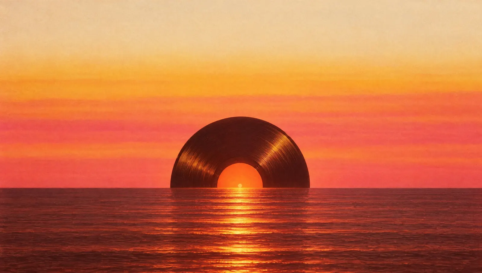 A giant vinyl record setting into a calm ocean like the sun, under a sky of marigold, tangerine and pink bands.